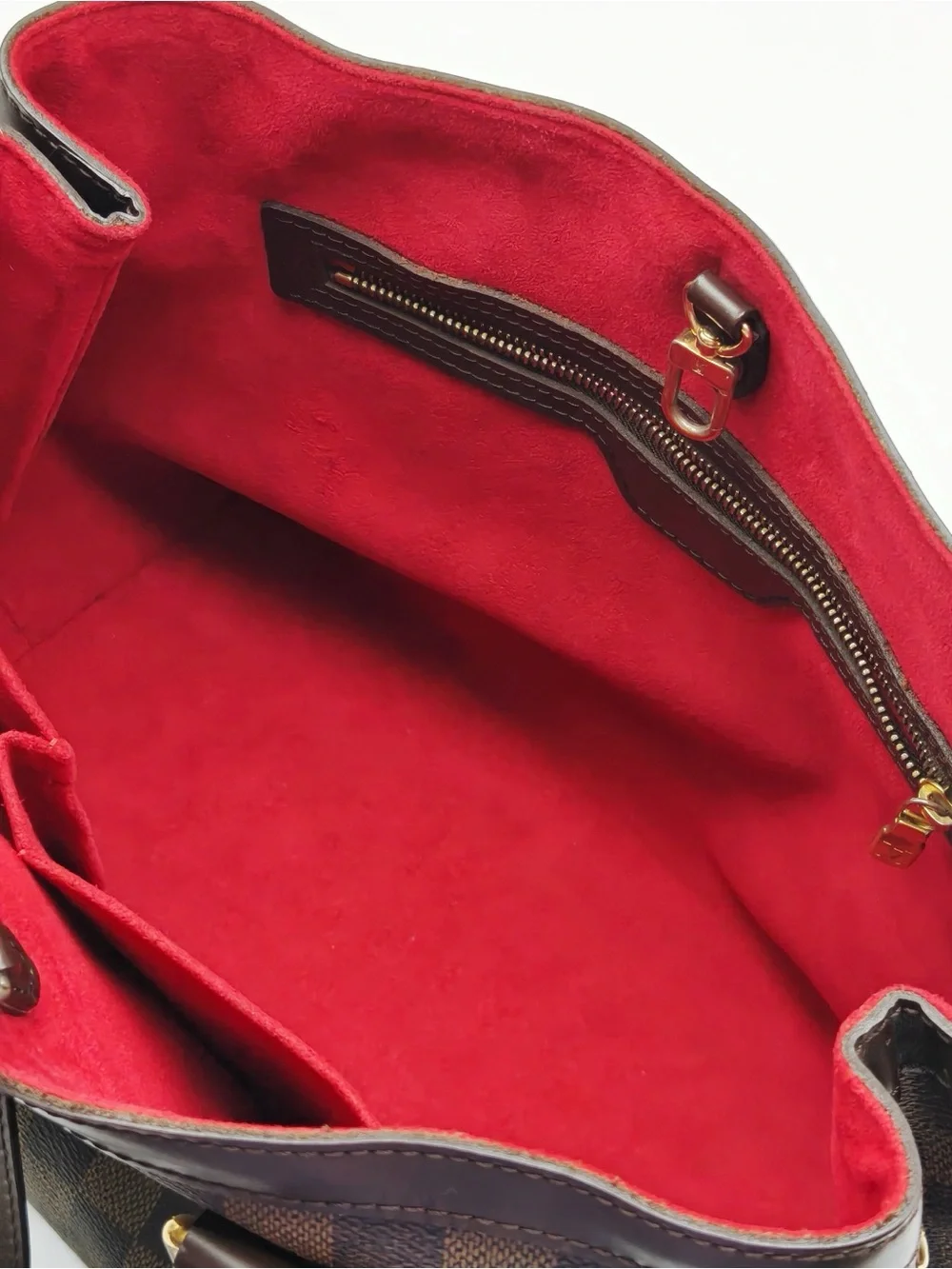 Louis Vuitton Brown Checkered Canvas Tote with Dark Brown Trim and Red Interior